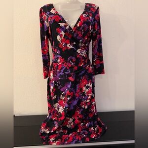 Evan Picone Black and Purple Floral Mock Wrap Long Sleeve Dress